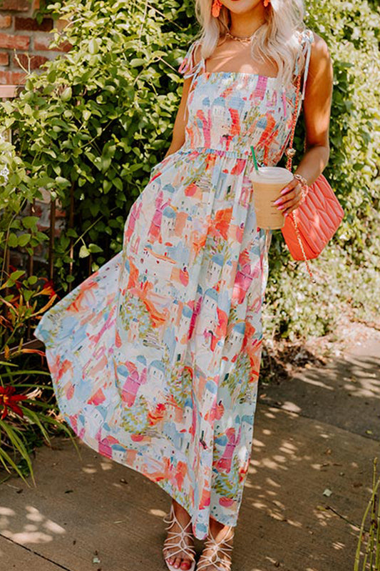 White Fairy Town Printed Smocked Flowy Long Sundress