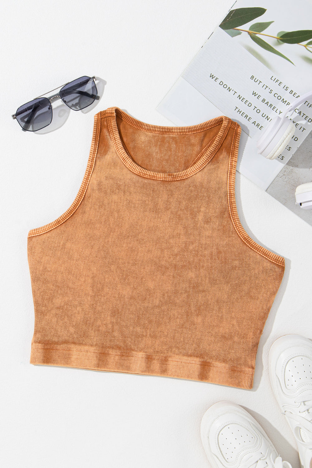 Light Grey Ribbed Mineral Wash Racerback Cropped Tank Top