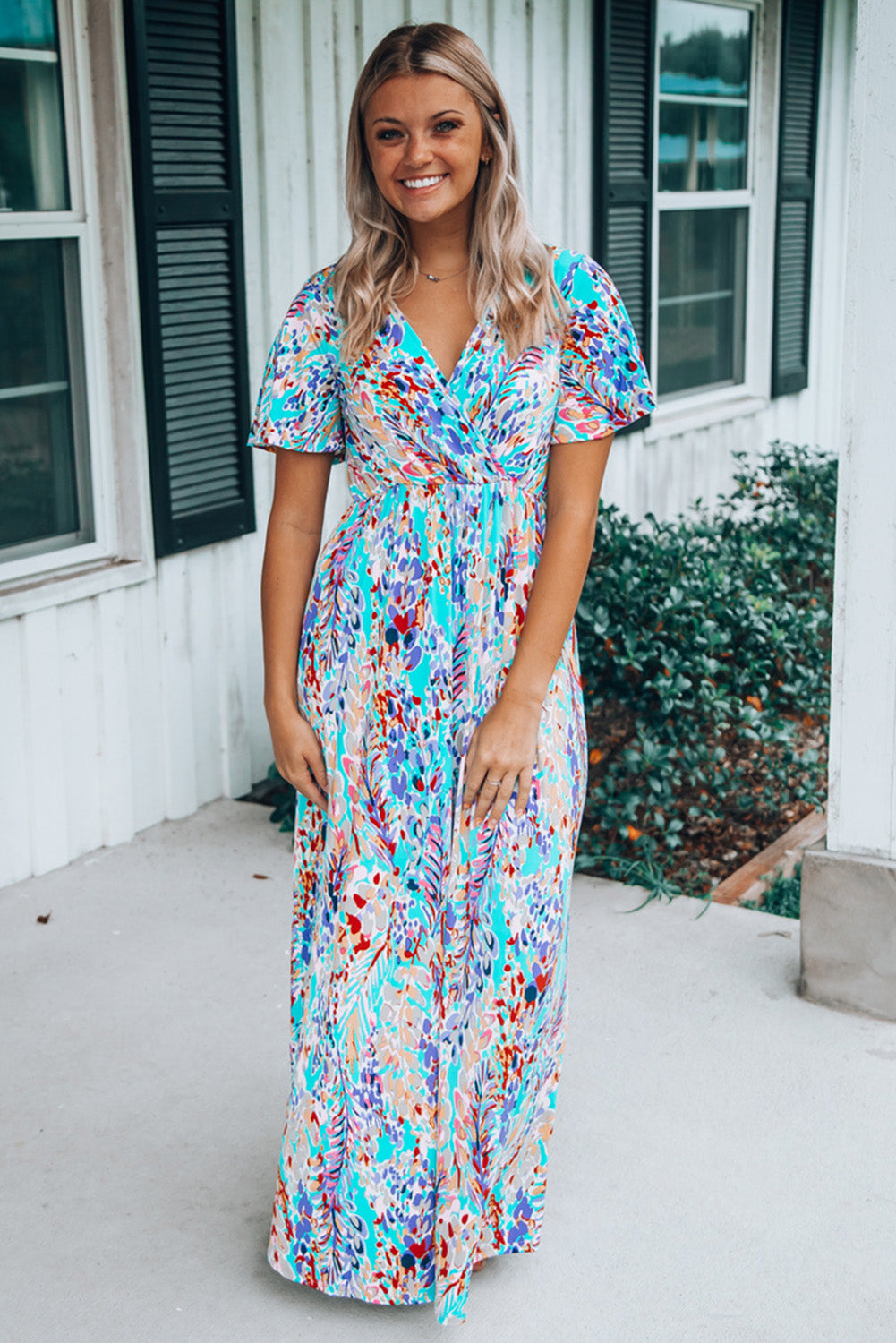 Rose Wrap V Neck Floral Maxi Dress