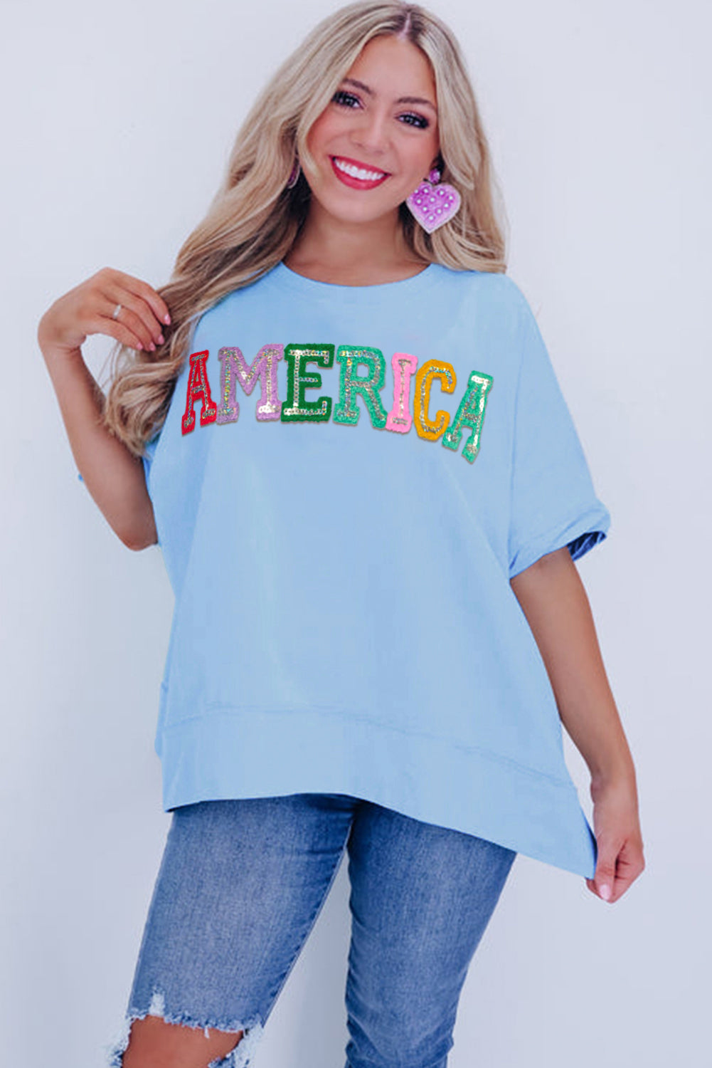 Mist Blue Sparkle America Pastel Embroidered Graphic T-shirt