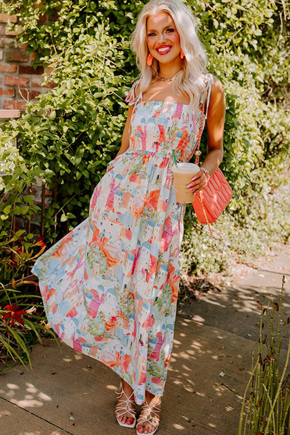 White Fairy Town Printed Smocked Flowy Long Sundress