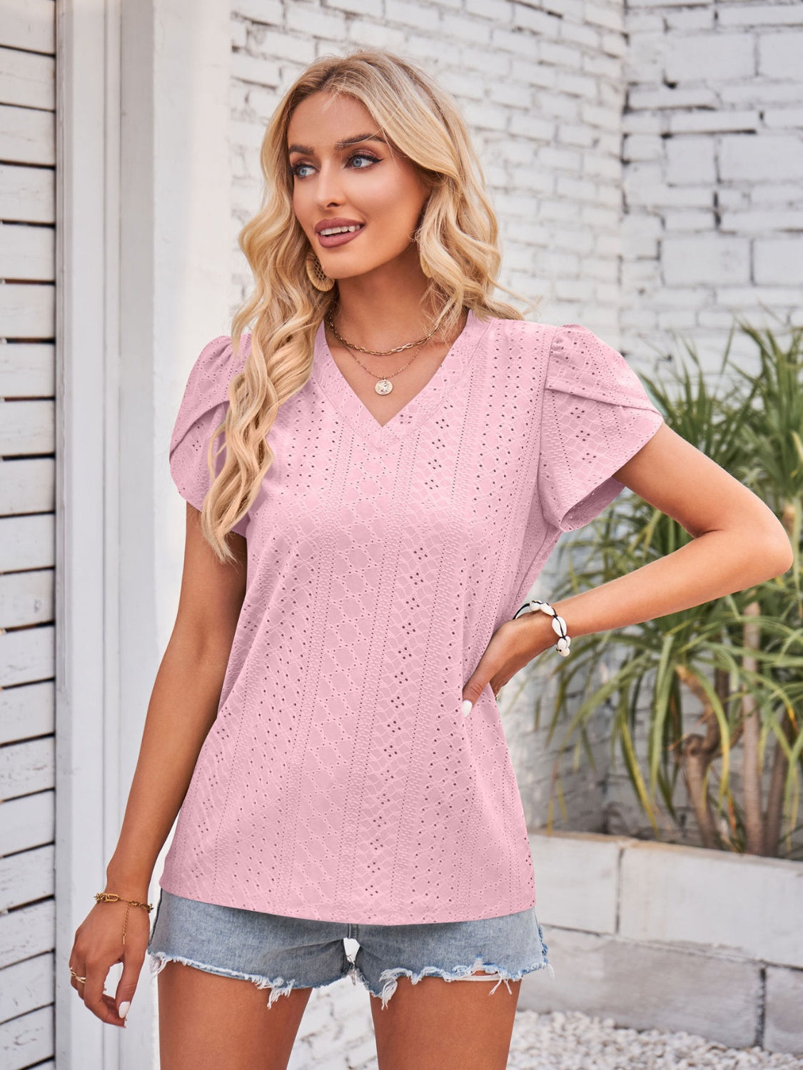 Eyelet V-Neck Petal Sleeve Blouse