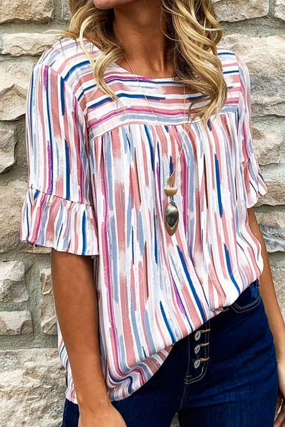 White Multicolor Striped Splash Half Sleeve Blouse