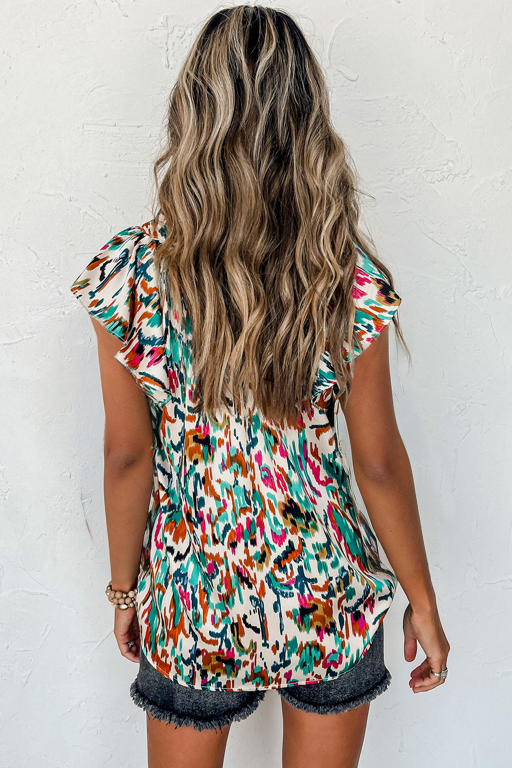 Abstract Print Split Neck Ruffle Sleeve Blouse