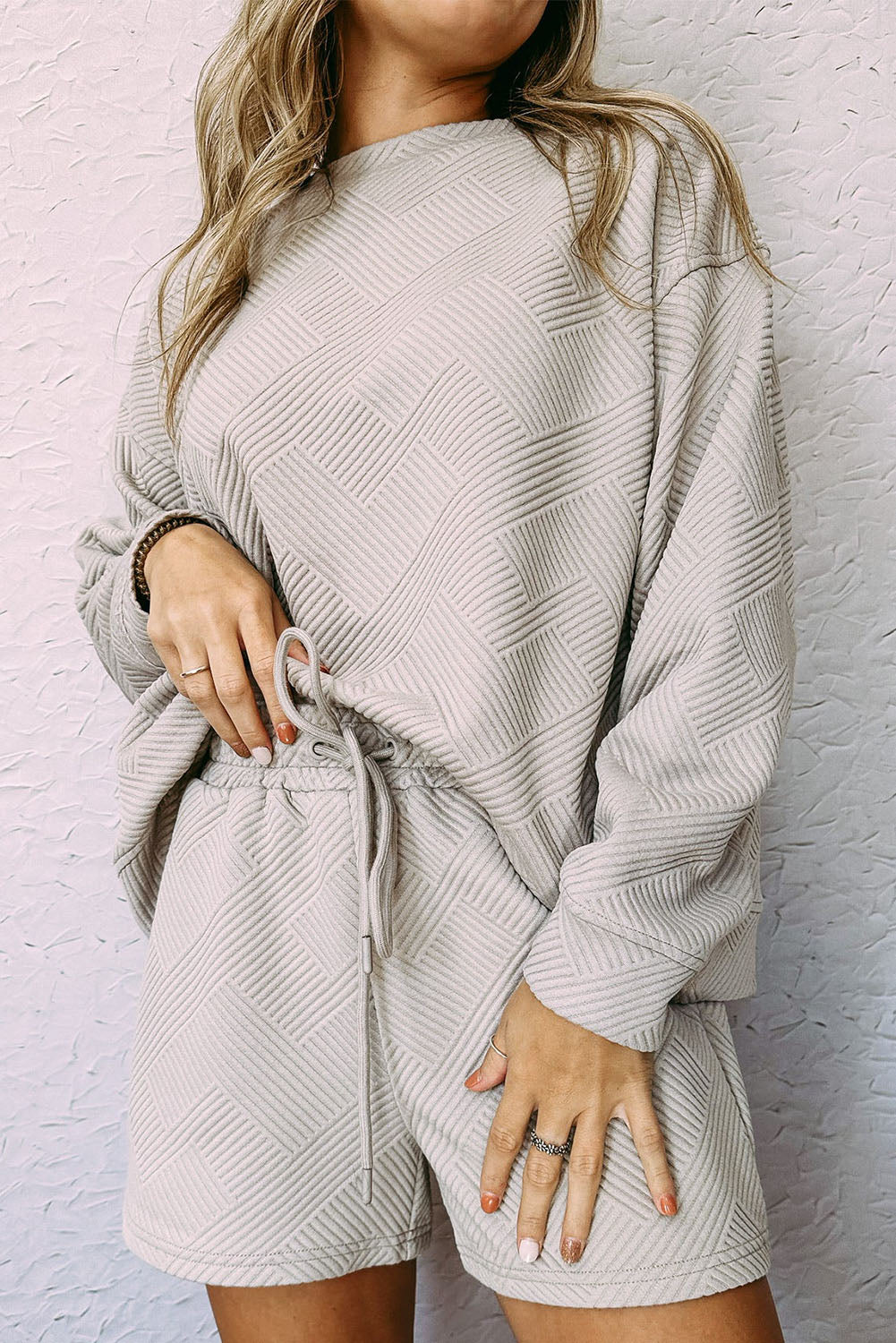 Apricot Textured Long Sleeve Top and Drawstring Shorts Set