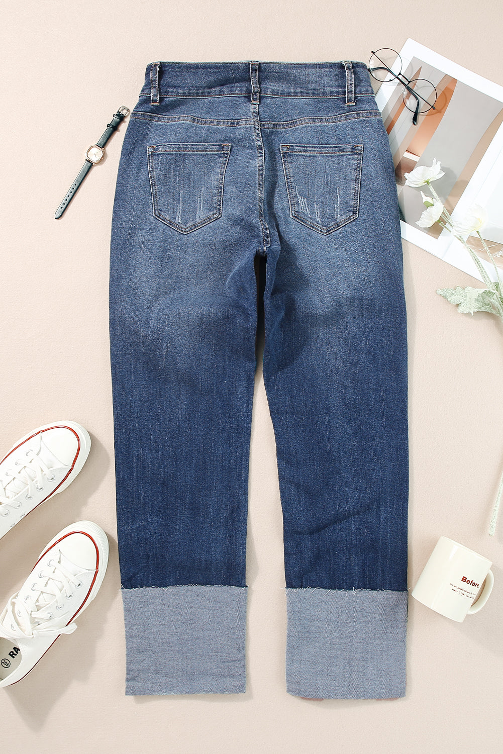 Blue High Waist Distressed Straight Leg Jeans