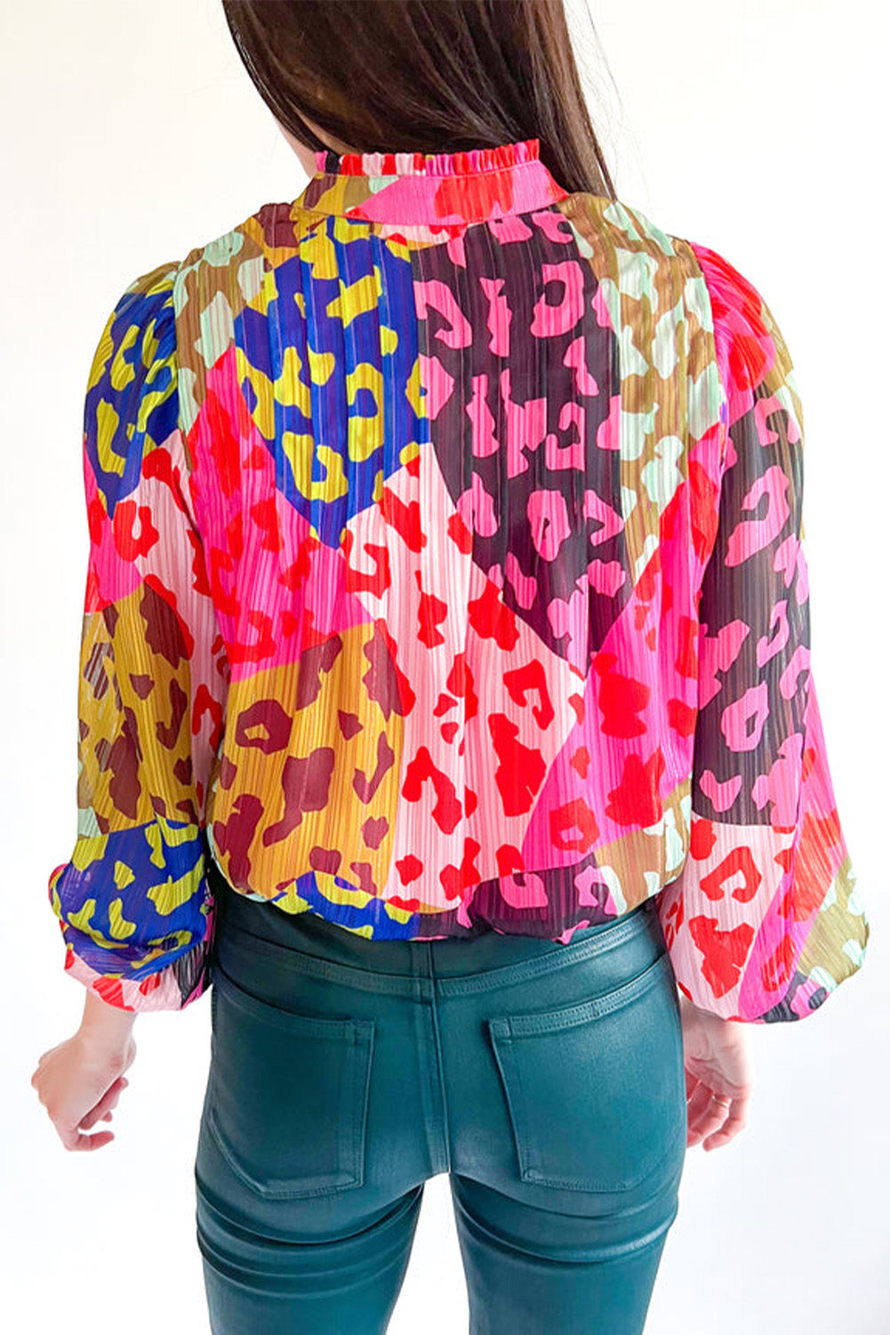 Sky Blue Leopard Patchwork Print Pleated Blouse