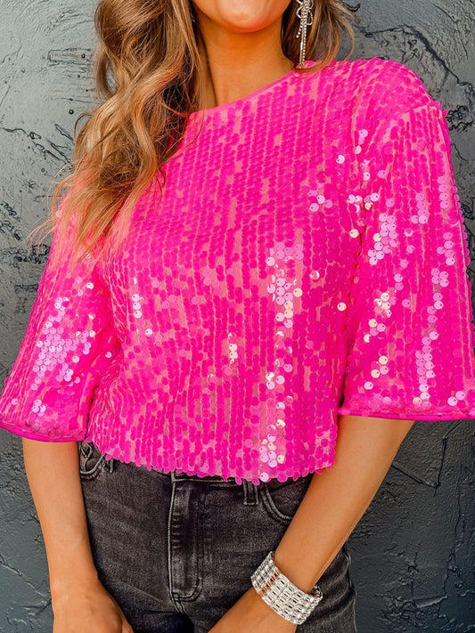 Sequin Round Neck Half Sleeve Blouse