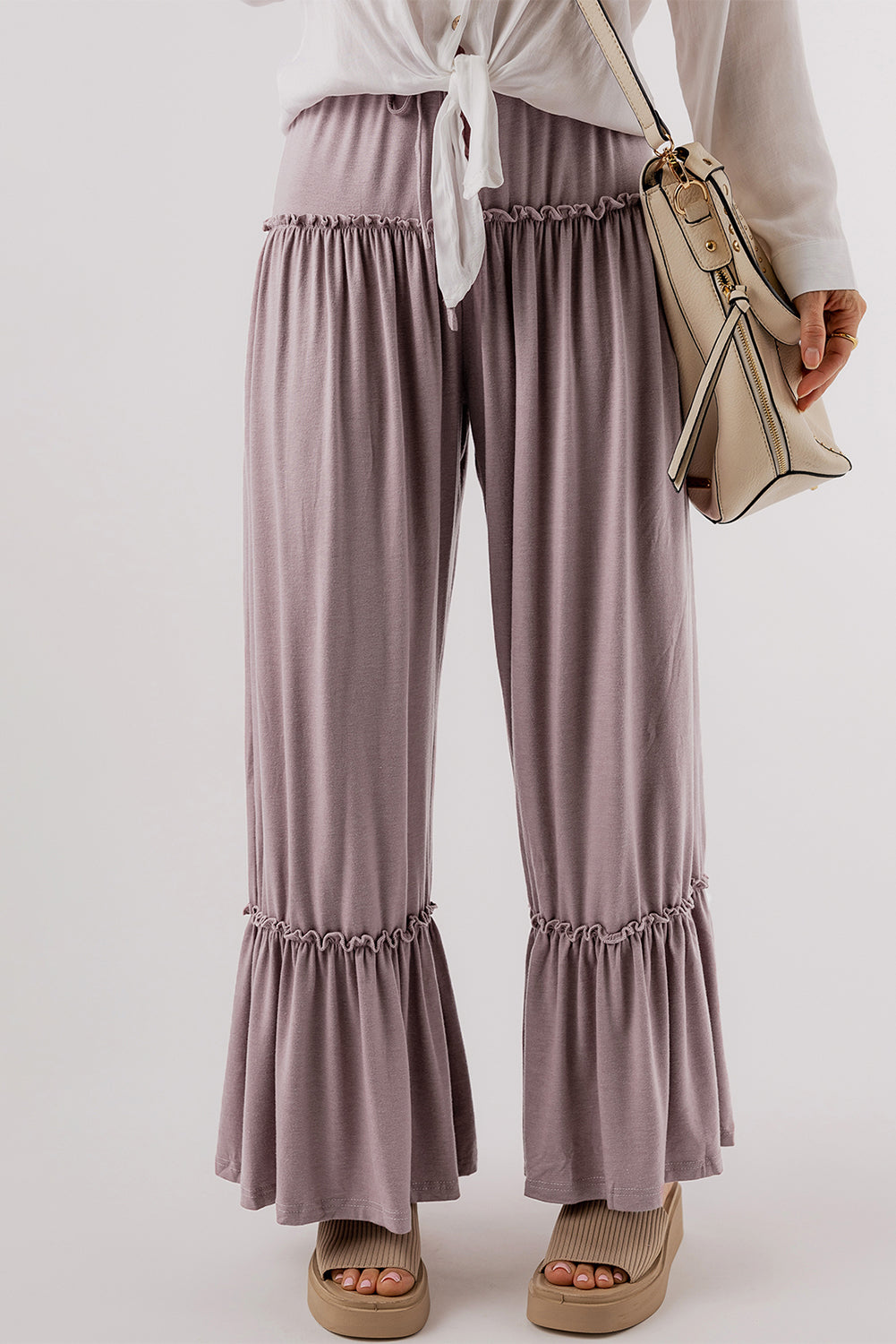 Black Frilled Drawstring High Waist Wide Leg Pants