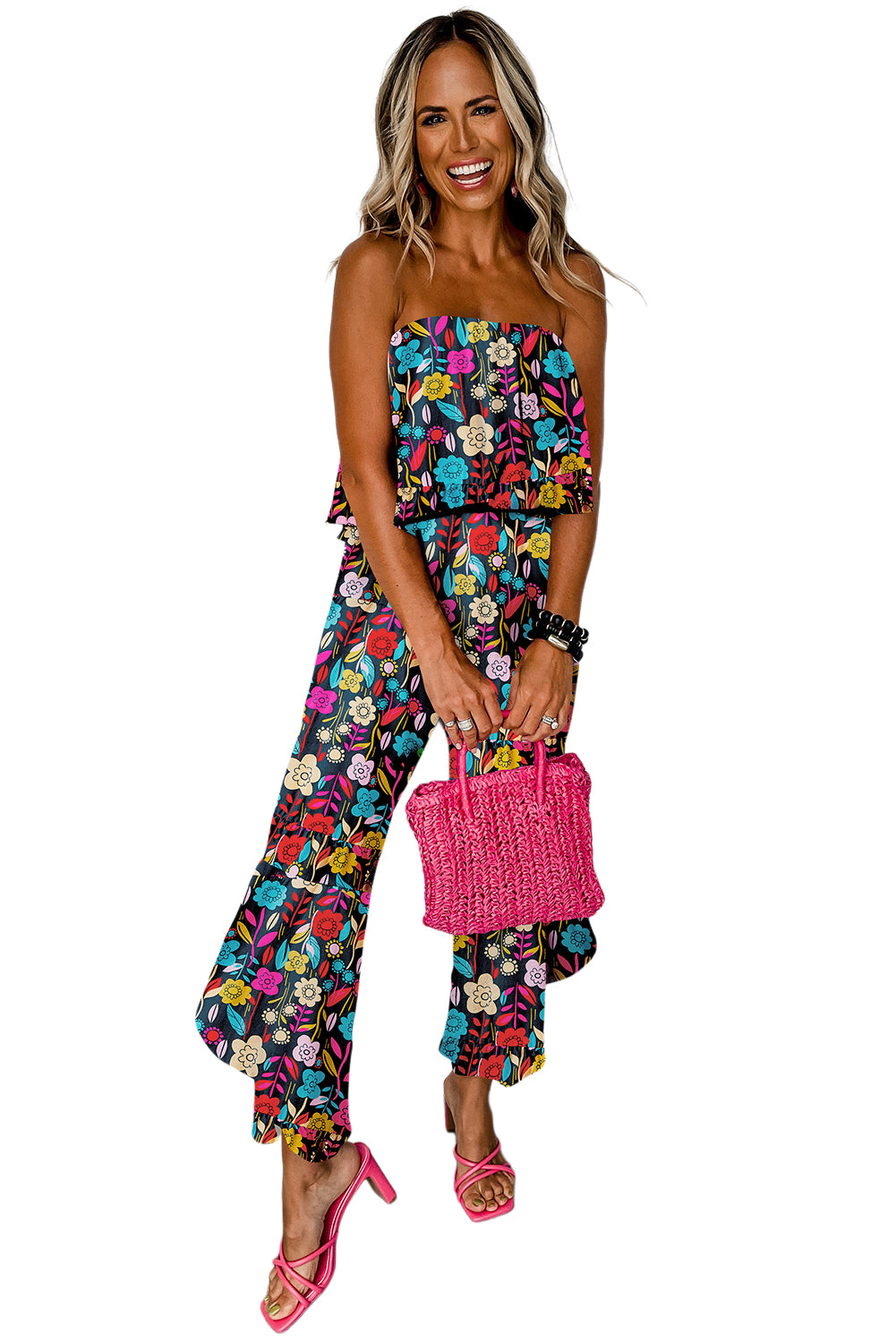 Blue Mix Tropical Print Strapless Ruffled Jumpsuit