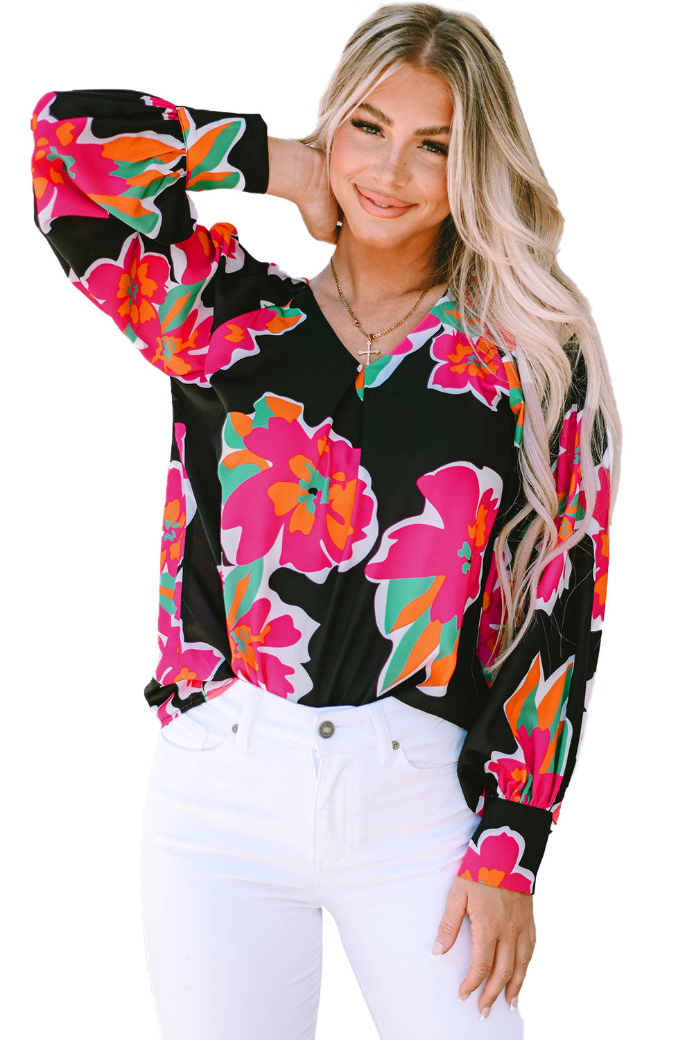 Black Flower Print Puff Sleeve Blouse