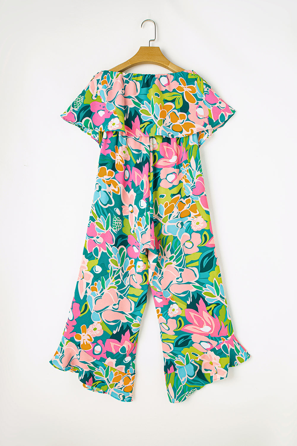 Blue Mix Tropical Print Strapless Ruffled Jumpsuit