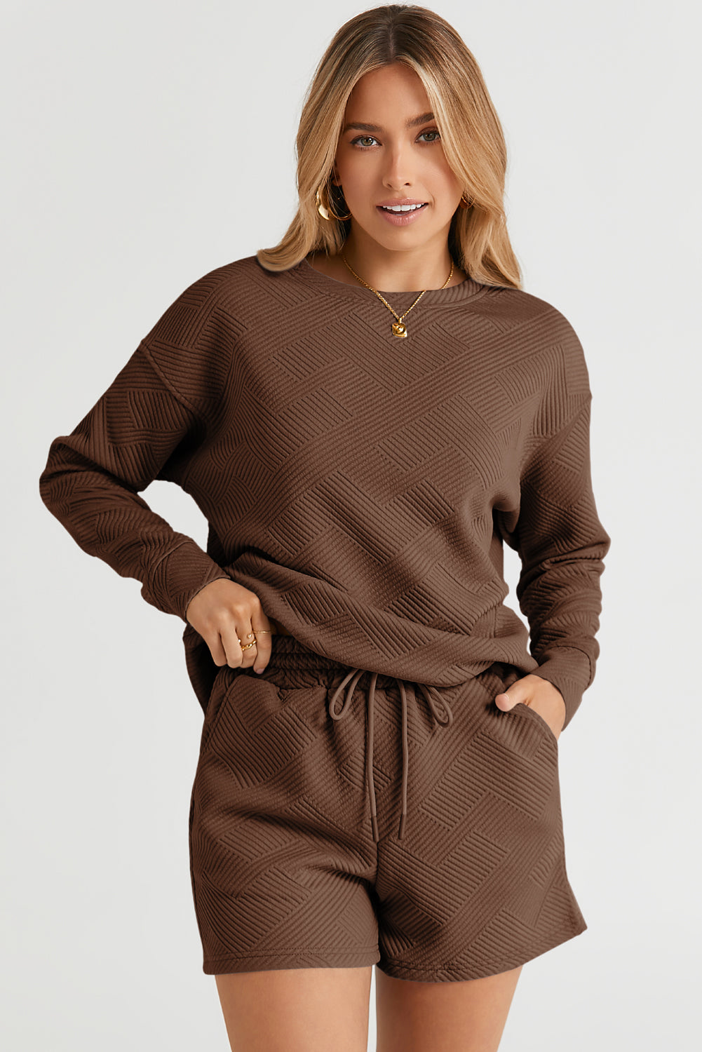 Apricot Textured Long Sleeve Top and Drawstring Shorts Set