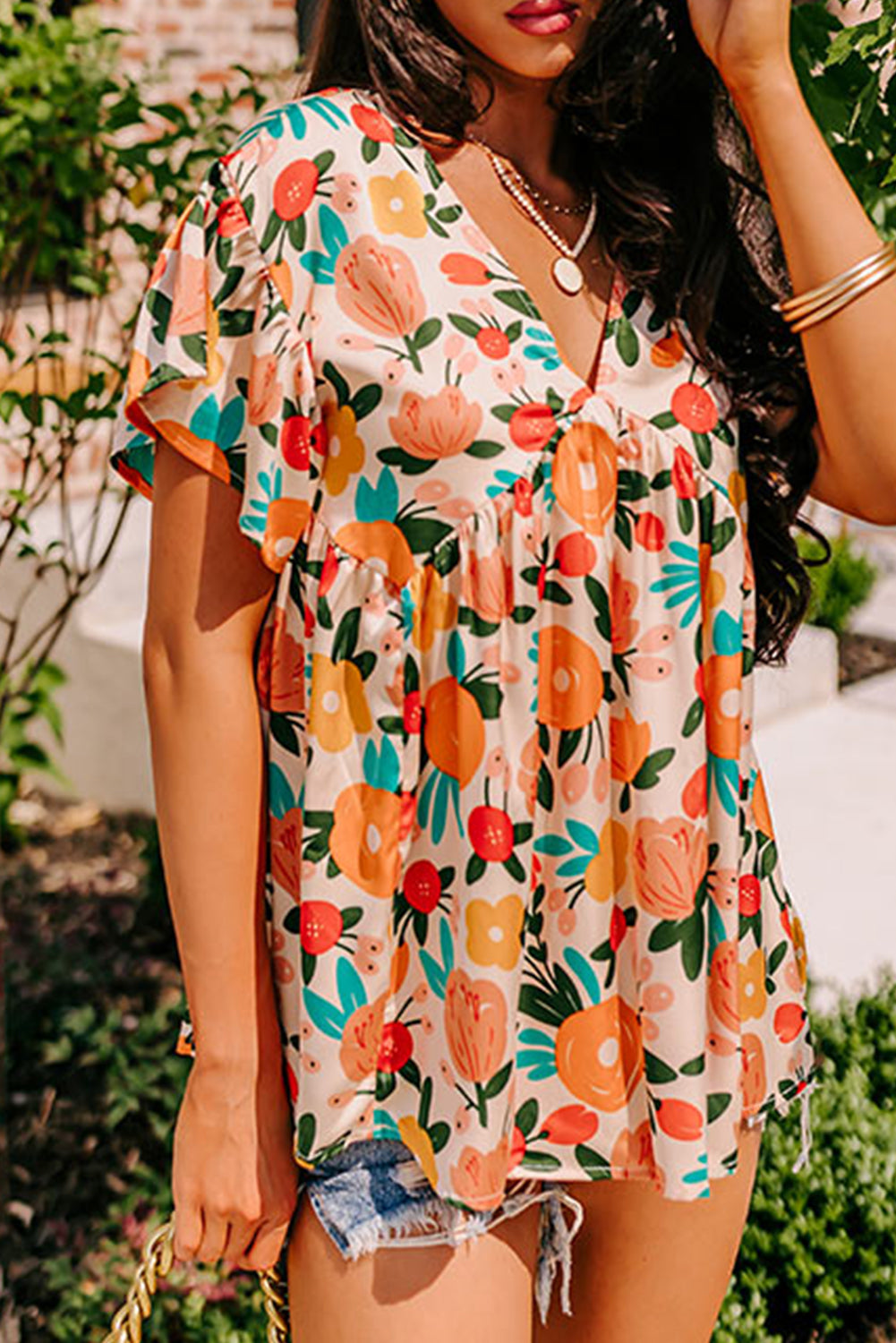 Apricot Floral Print Short Sleeve V Neck Tied Back Blouse