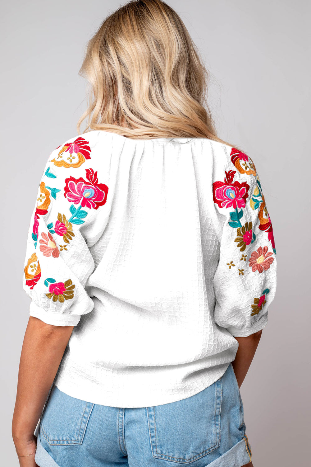 Beige Floral Embroidered Ricrac Puff Sleeve Textured Blouse