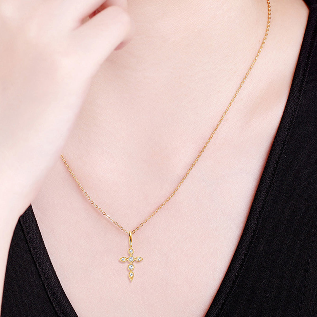 Moissanite Cross Necklace - 925 Sterling Silver, 18K Gold-Plated