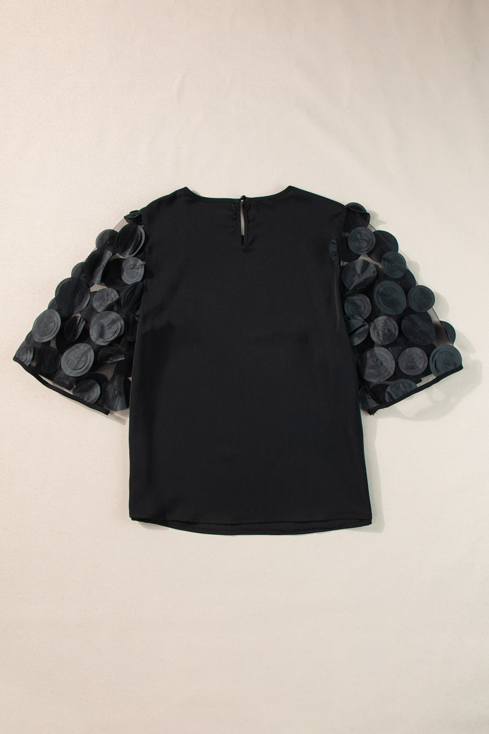 Black Contrast Applique Mesh Half Sleeve Blouse