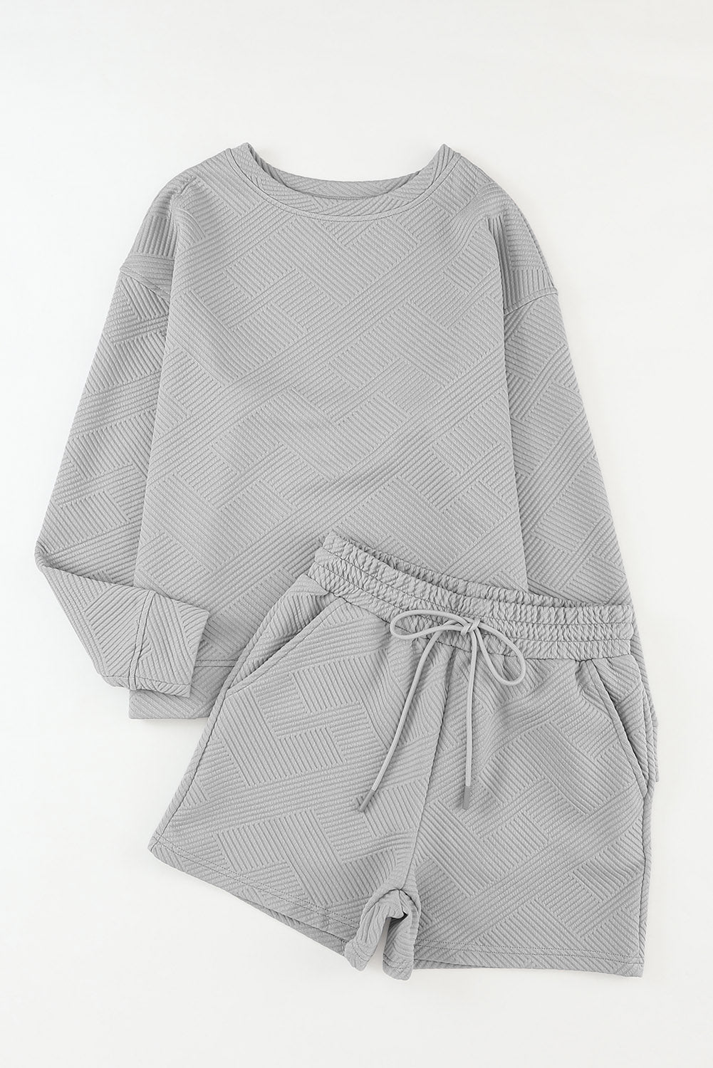 Apricot Textured Long Sleeve Top and Drawstring Shorts Set