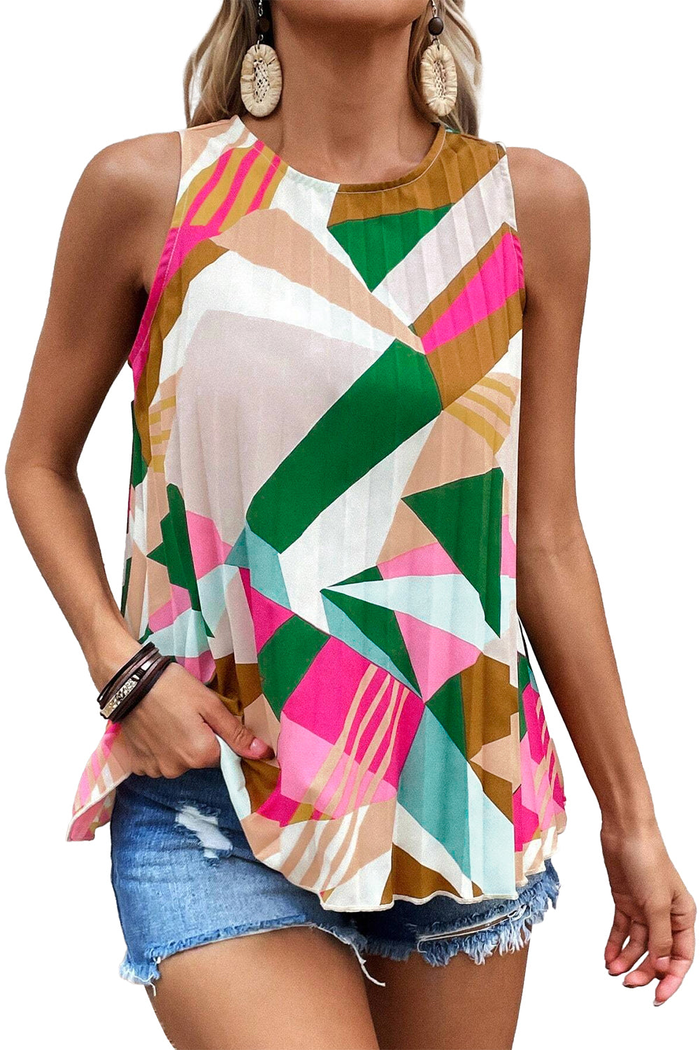 Multicolour Geometric Printed Pleated Shift Tank Top