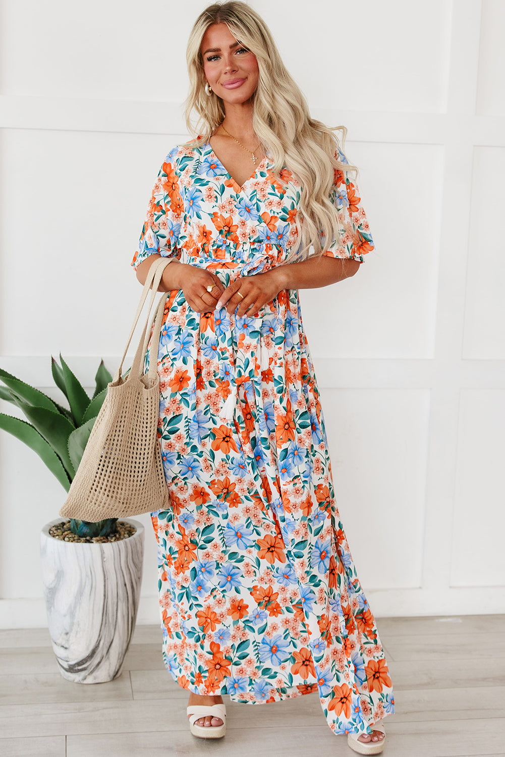 Sky Blue Floral Print Wrap Belted Maxi Dress