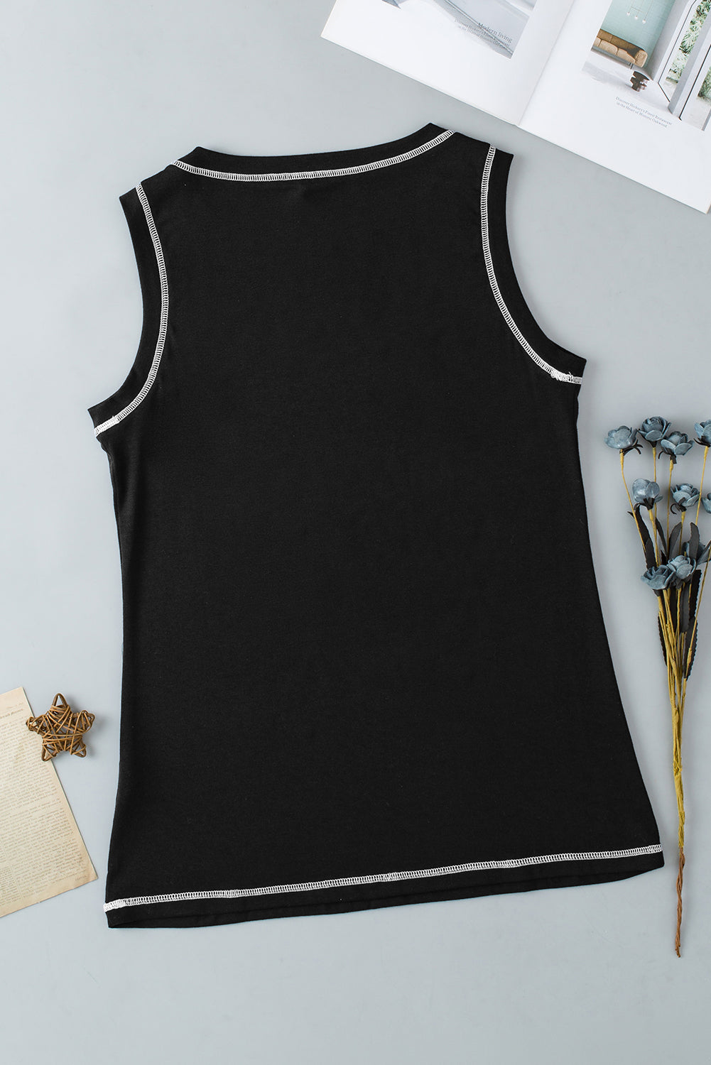 Black Contrast Stitch Round Neck Sleeveless Top