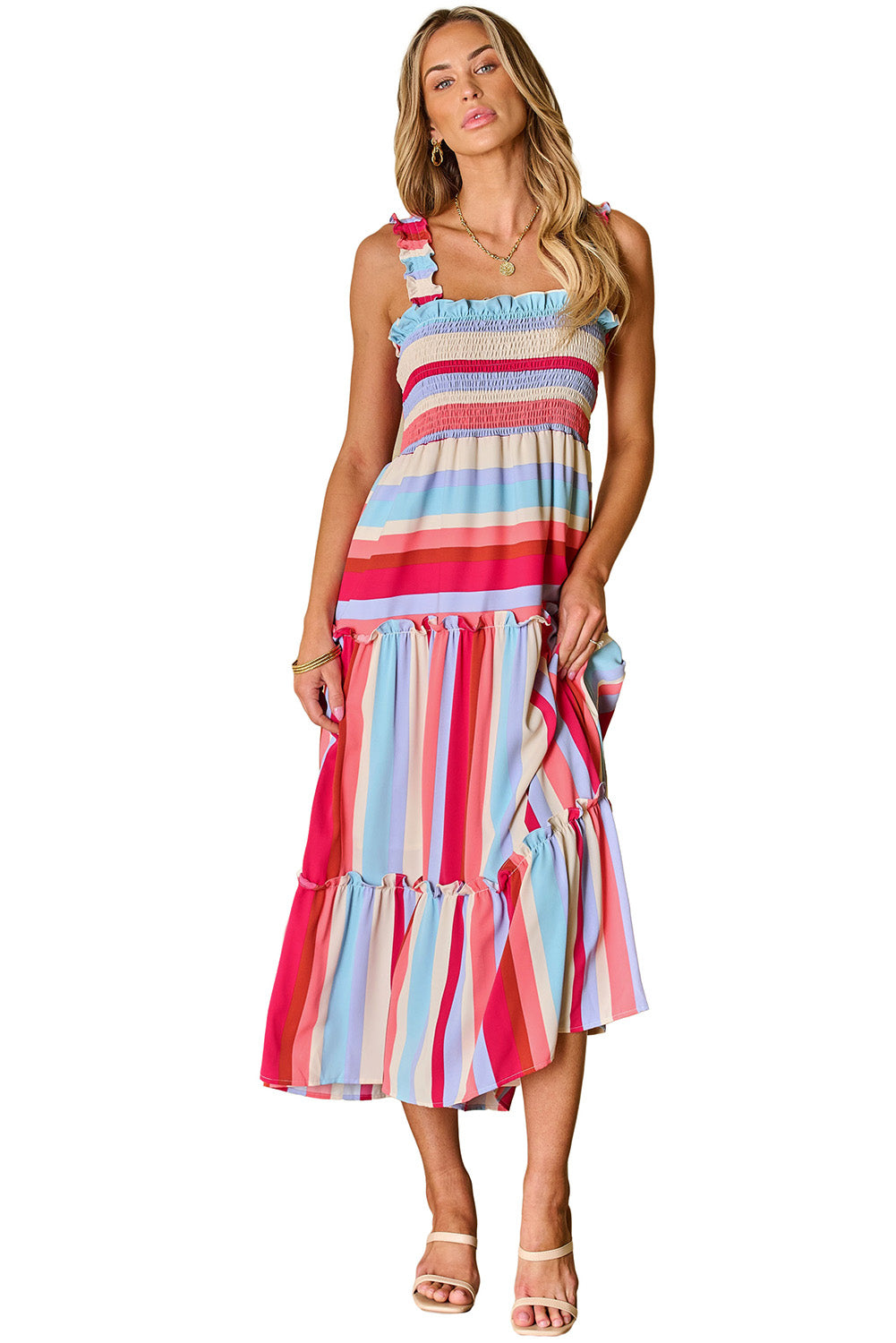 Red Stripe Ruffled Straps Smocked Tiered Long Dress