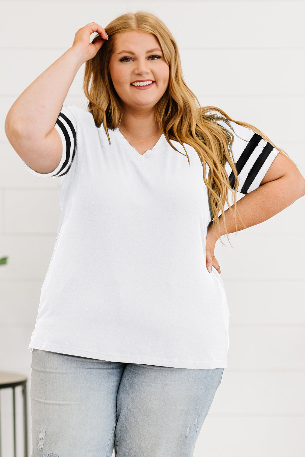 Black Plus Size Stripes Stitching Sleeve V Neck T-shirt