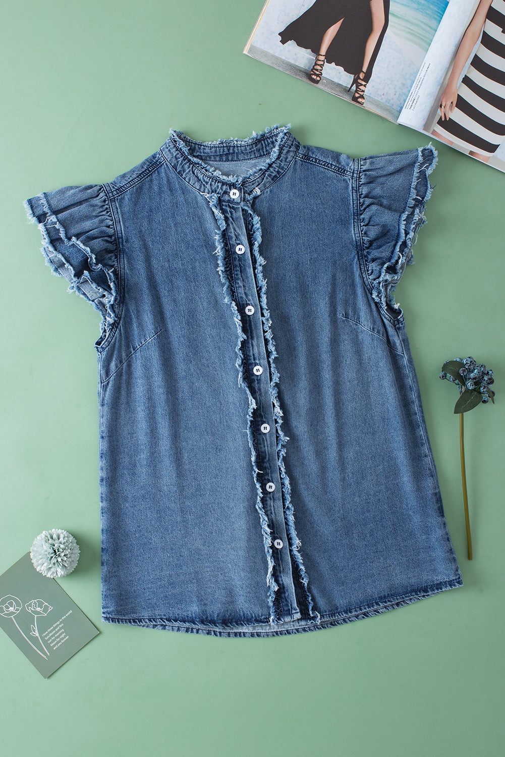 Beau Blue Button Front Ruffled Flutter Frayed Denim Top