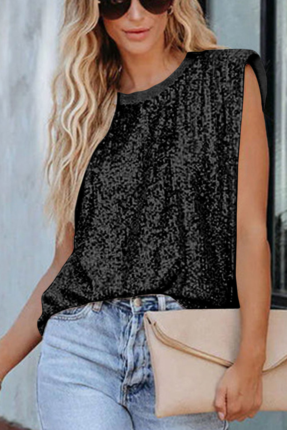 Apricot Sequin Round Neck Tank Top