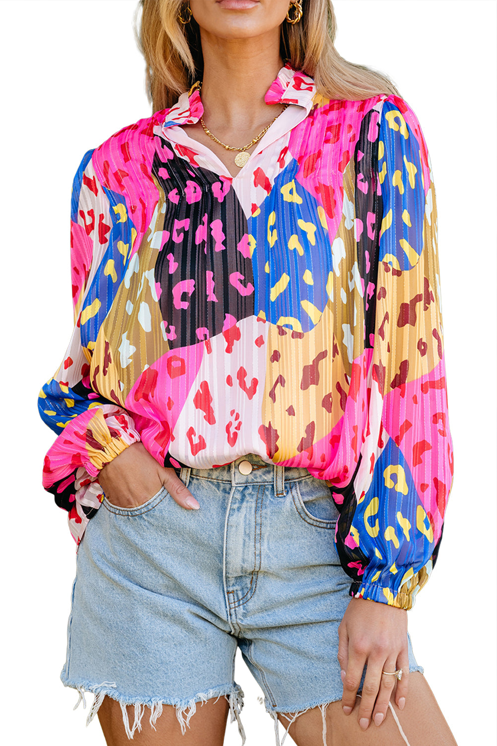 Sky Blue Leopard Patchwork Print Pleated Blouse