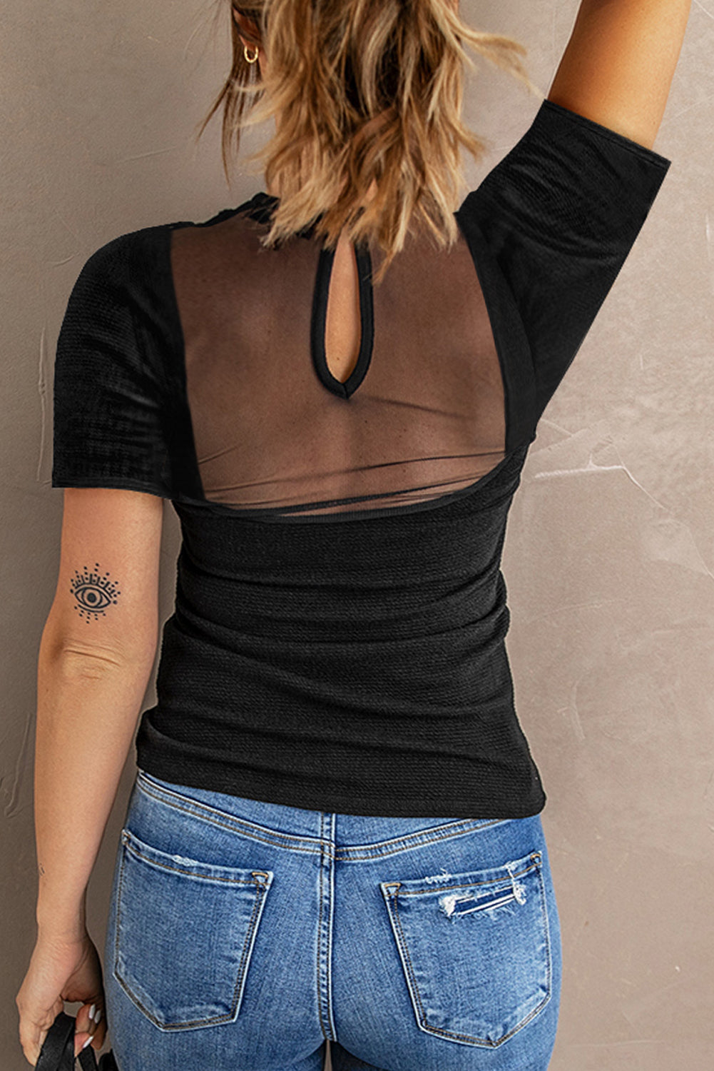 Black Contrast Mesh Knit Short Sleeve T-shirt