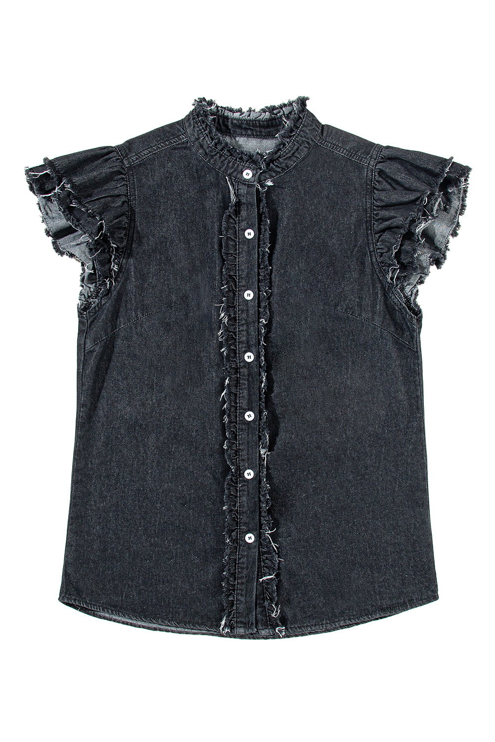 Beau Blue Button Front Ruffled Flutter Frayed Denim Top