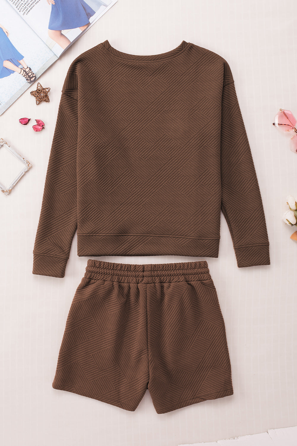 Apricot Textured Long Sleeve Top and Drawstring Shorts Set