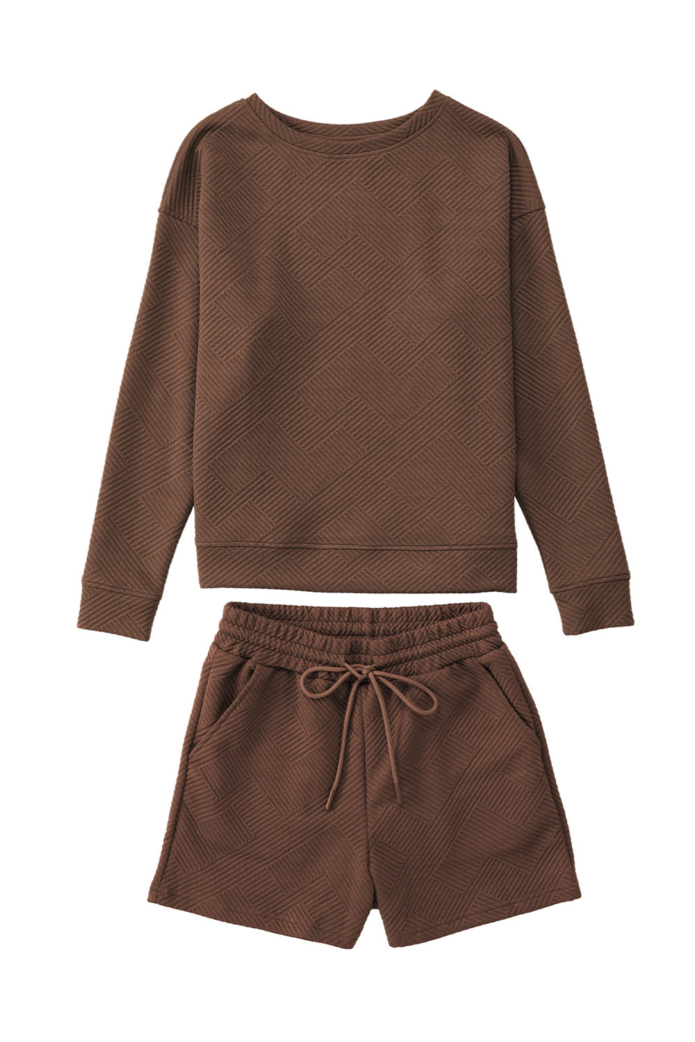 Apricot Textured Long Sleeve Top and Drawstring Shorts Set