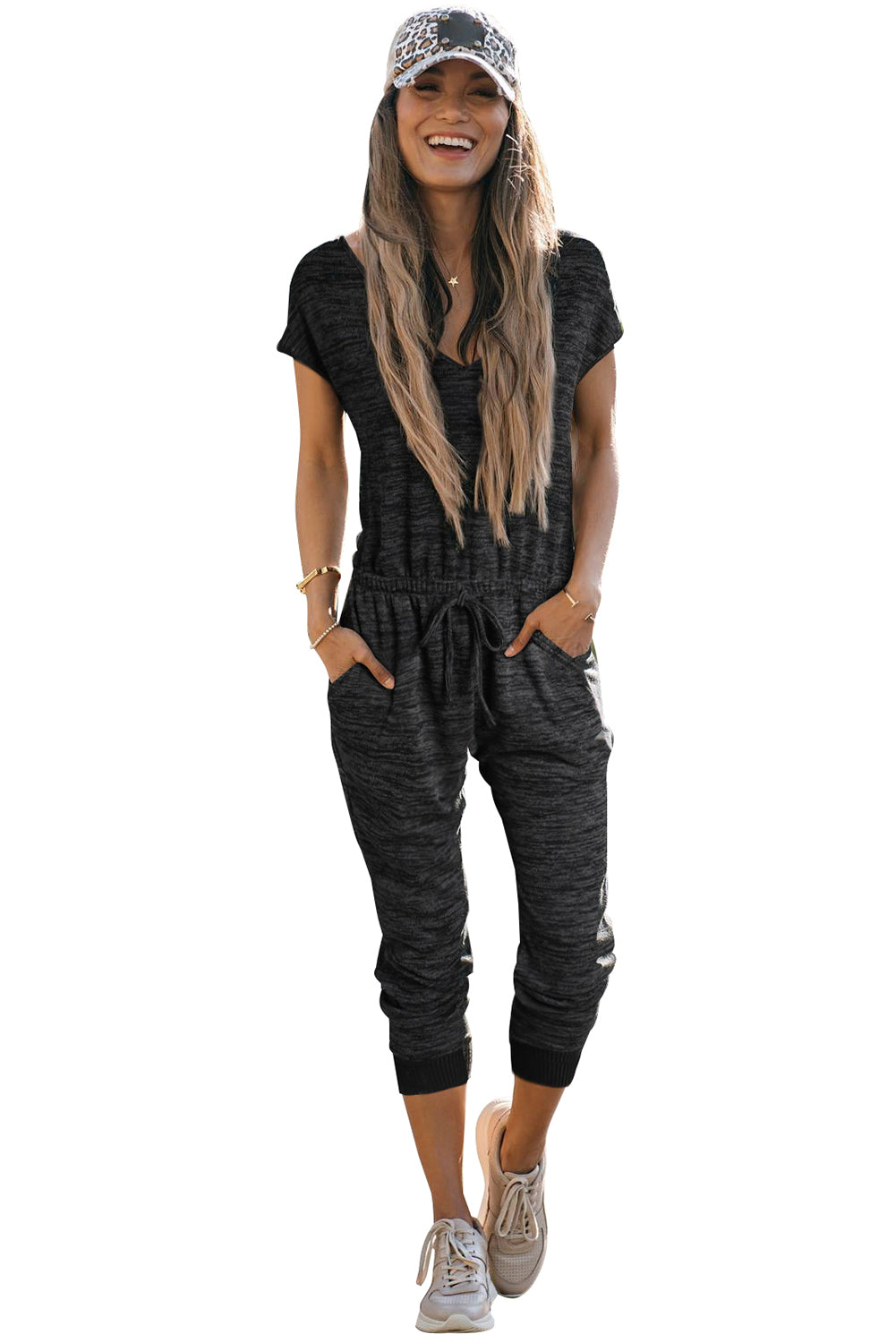 Black Heather Short Sleeve Drawstring High Waist Jumpsuit