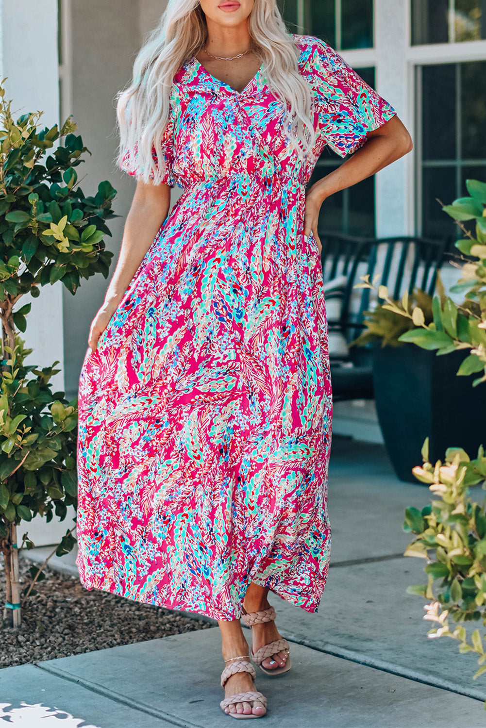 Rose Wrap V Neck Floral Maxi Dress