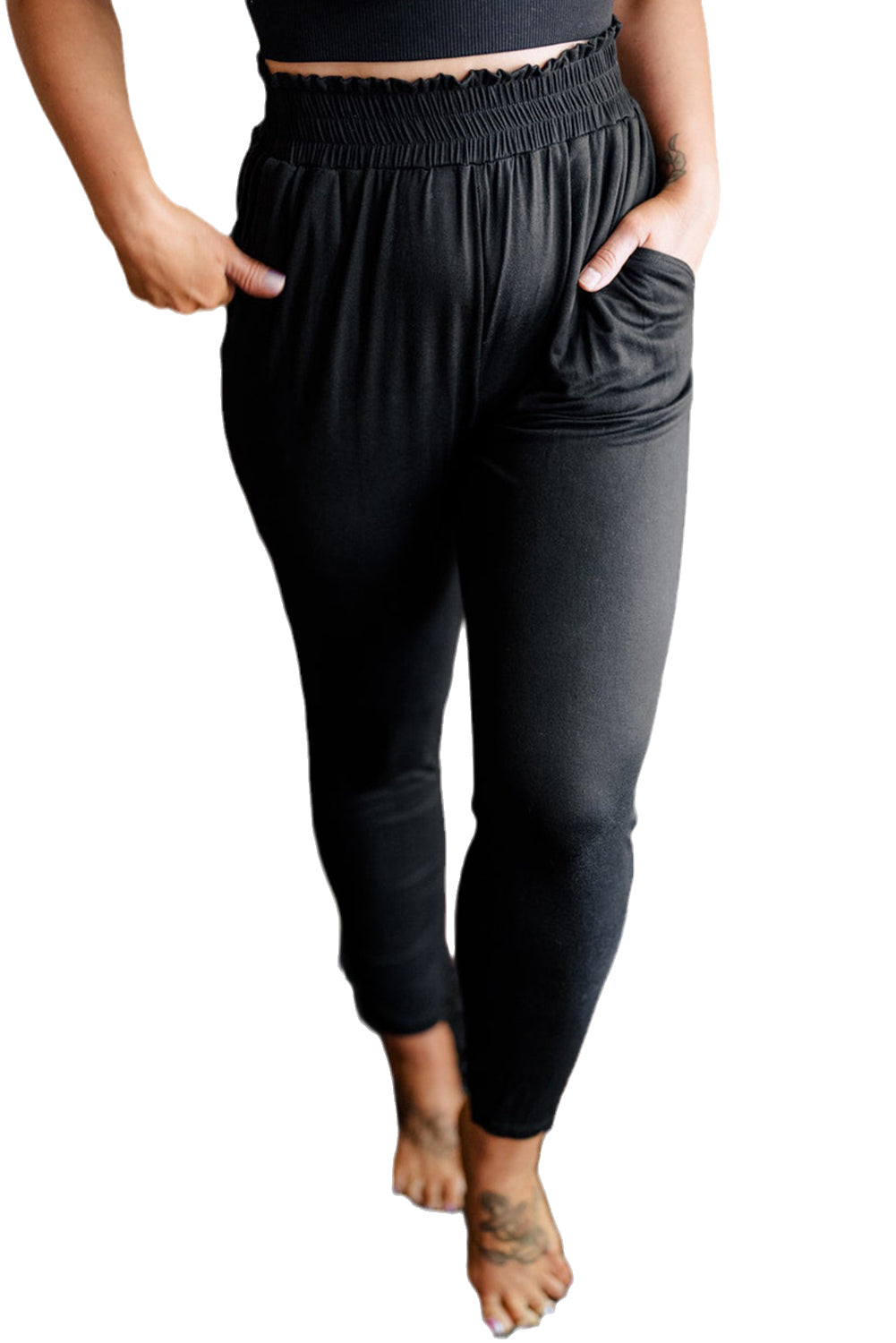 Black Plus Size Frill High Waist Pocketed Soft Pants