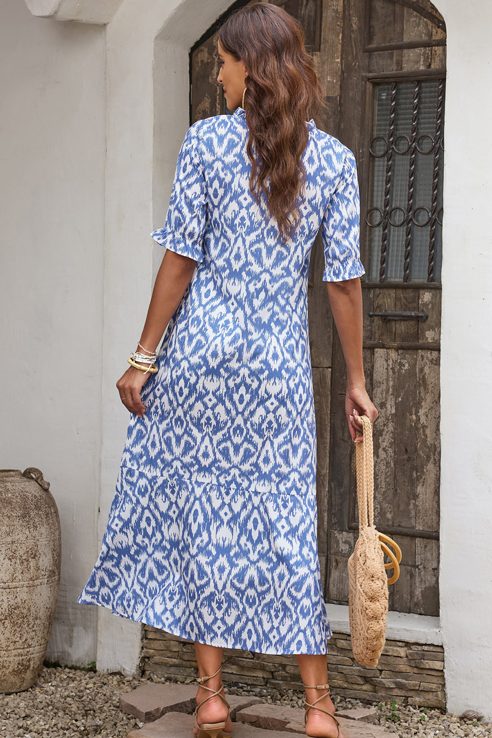 Pink V Neck Casual Geometric Print Maxi Dress