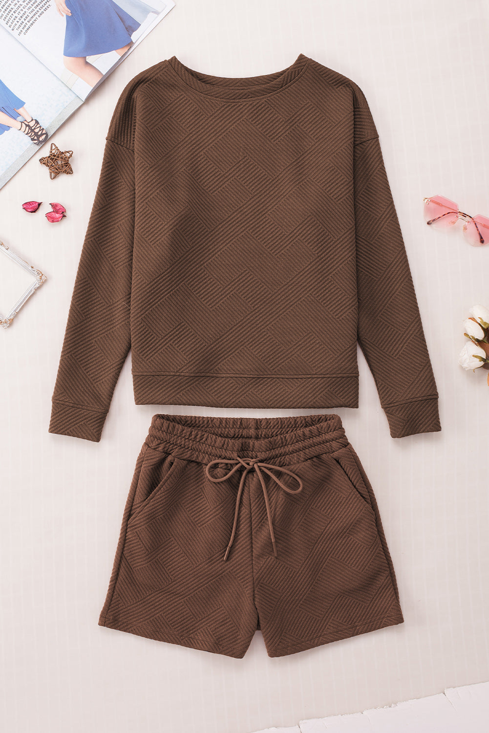 Apricot Textured Long Sleeve Top and Drawstring Shorts Set