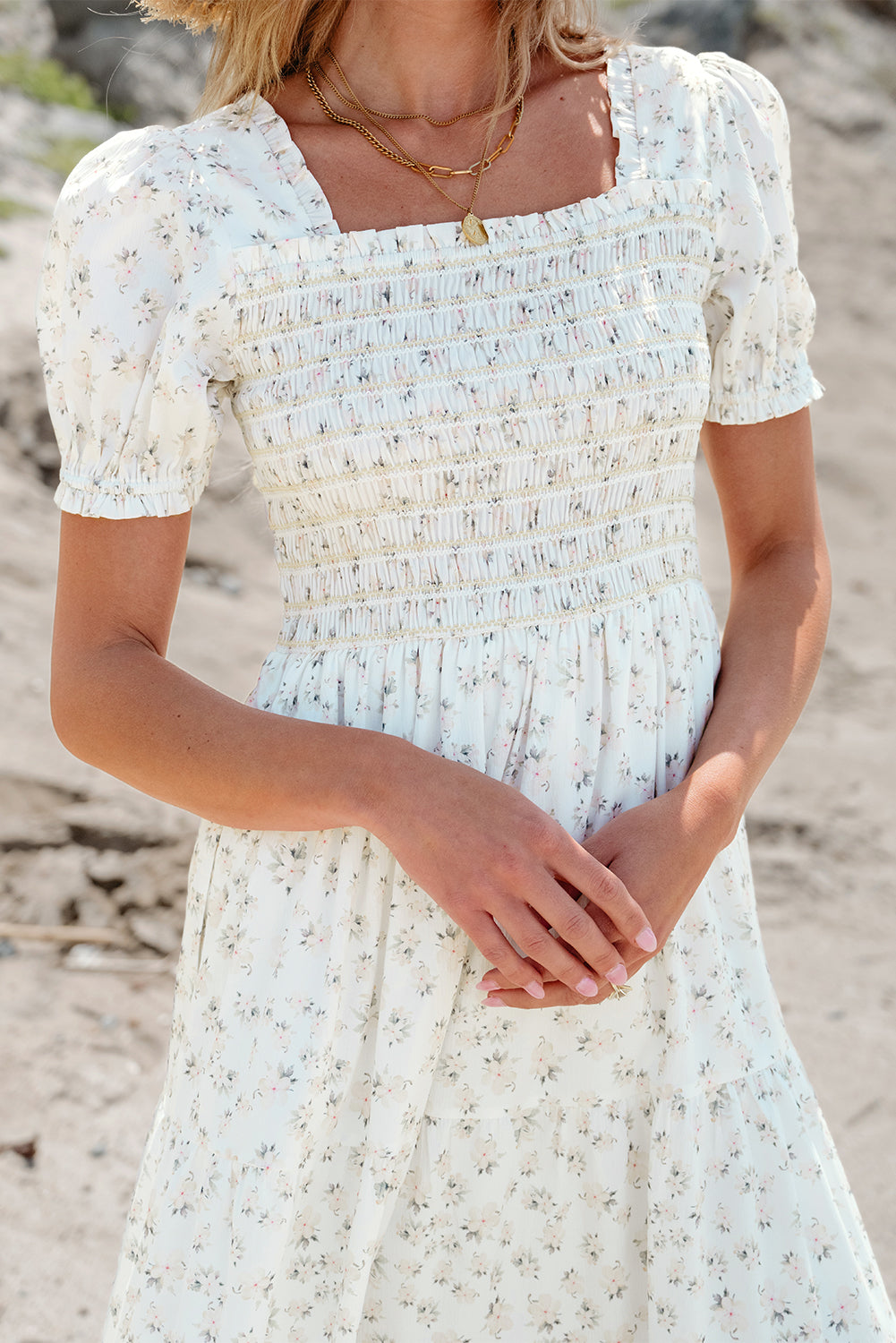 White Frilly Shirred Bodice Tiered Floral Maxi Dress