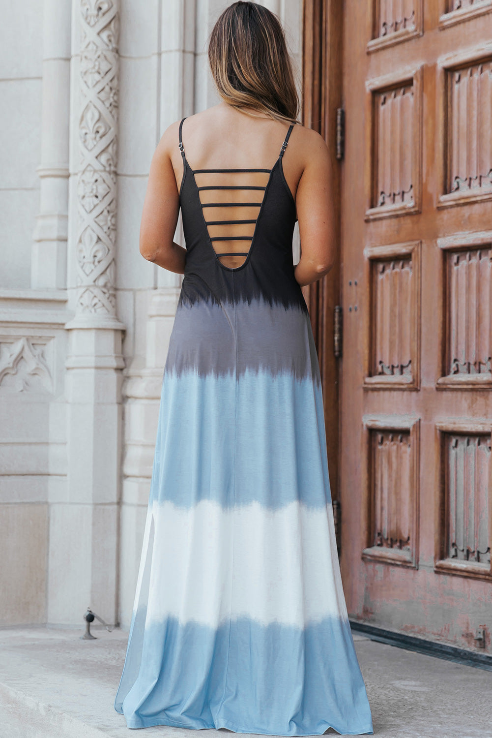 Sky Blue Spaghetti Strap Tie Dye Slit Maxi Dress