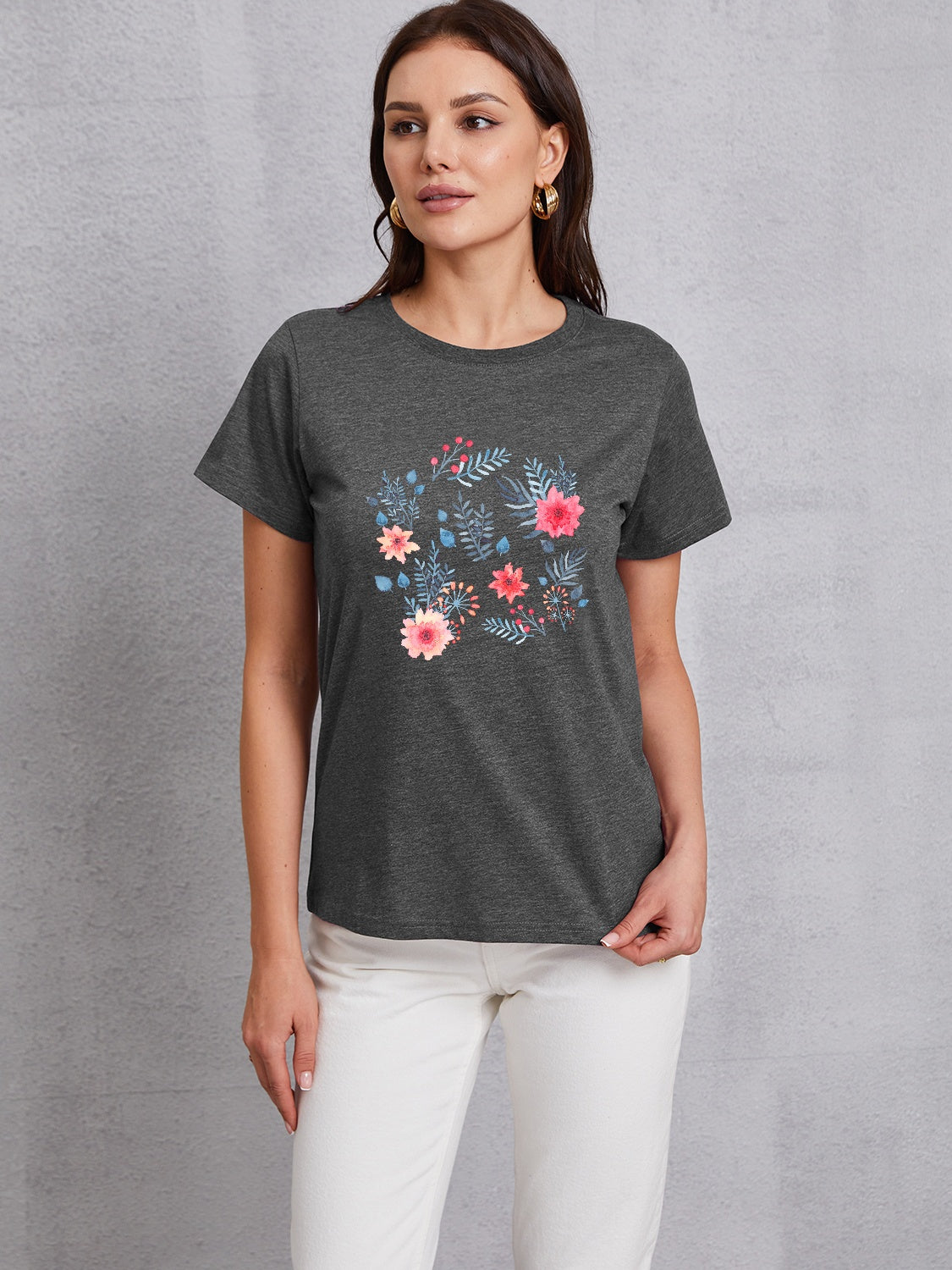 Flower Round Neck Short Sleeve T-Shirt