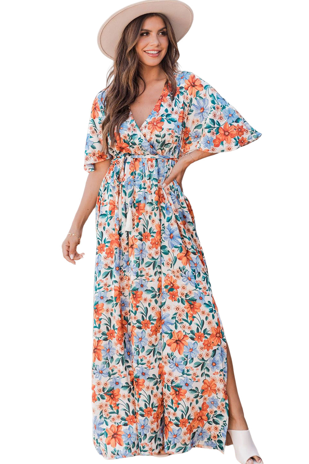 Sky Blue Floral Print Wrap Belted Maxi Dress