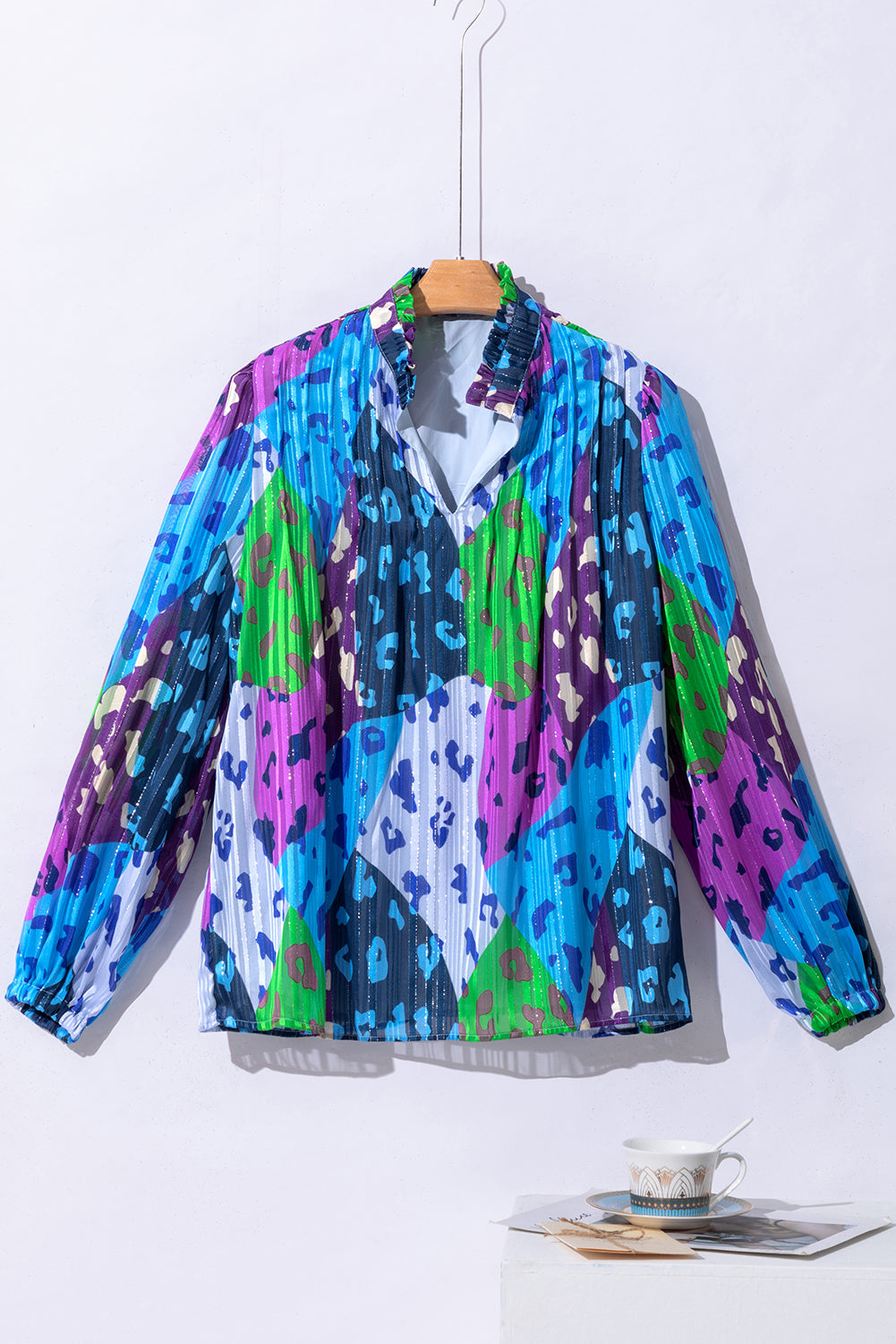 Sky Blue Leopard Patchwork Print Pleated Blouse