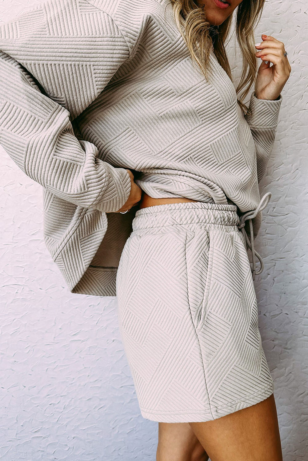 Apricot Textured Long Sleeve Top and Drawstring Shorts Set