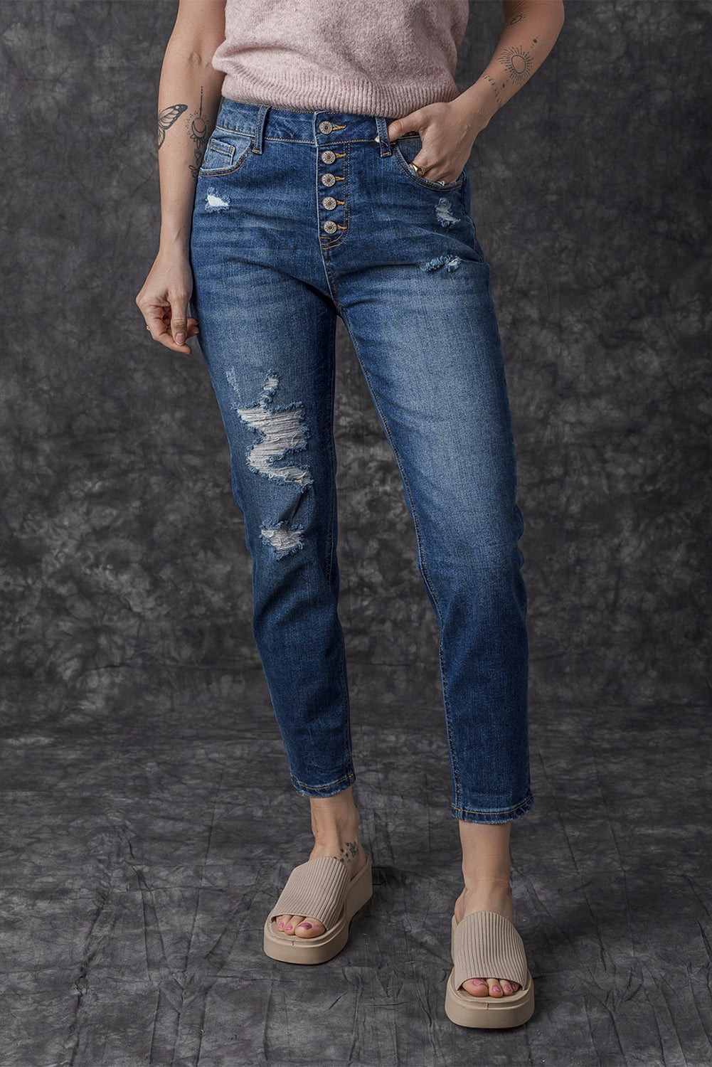 Blue Distressed Button Fly High Waist Skinny Jeans