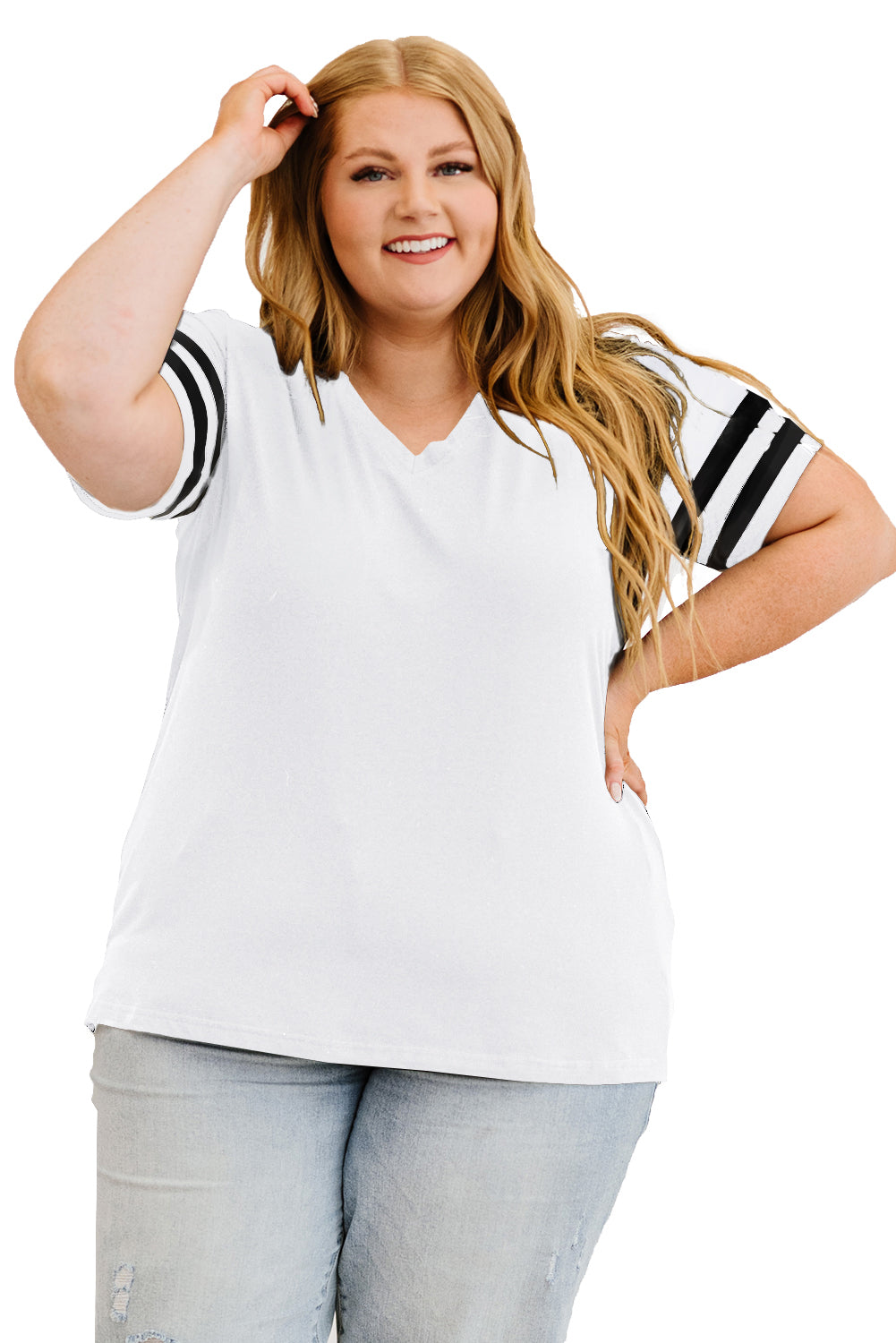 Black Plus Size Stripes Stitching Sleeve V Neck T-shirt