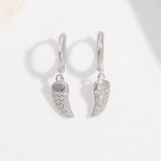 Zircon Horn Drop Earrings- Platinum Plated, 925 Sterling Silver