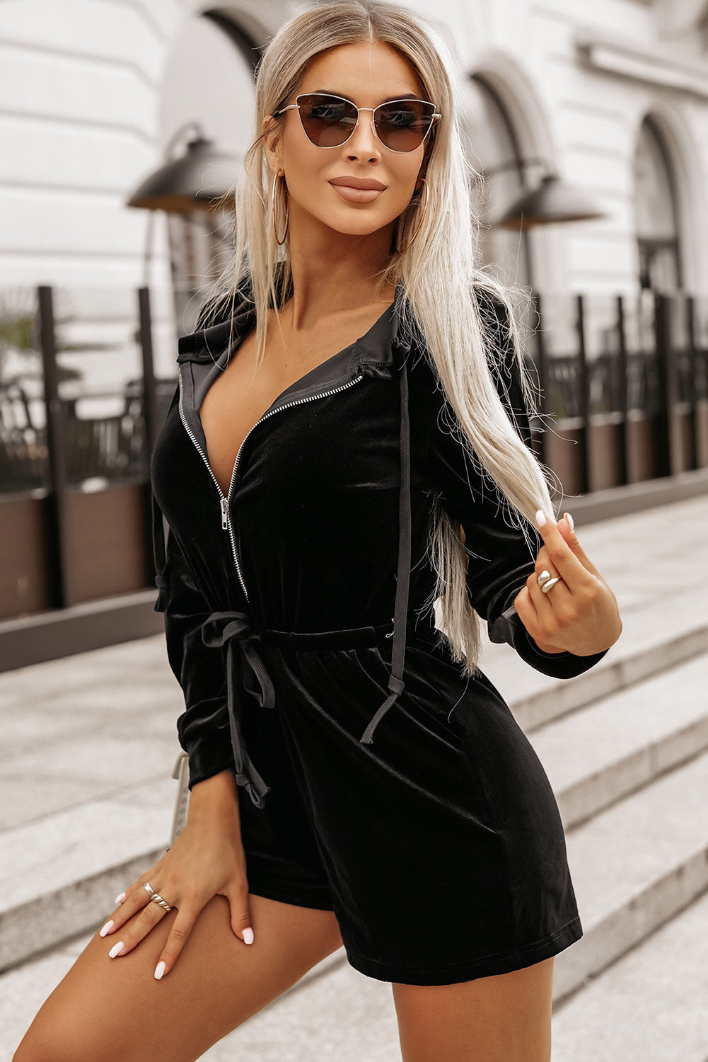 Black Velvet Zipped Front Drawstring Waist Hooded Romper