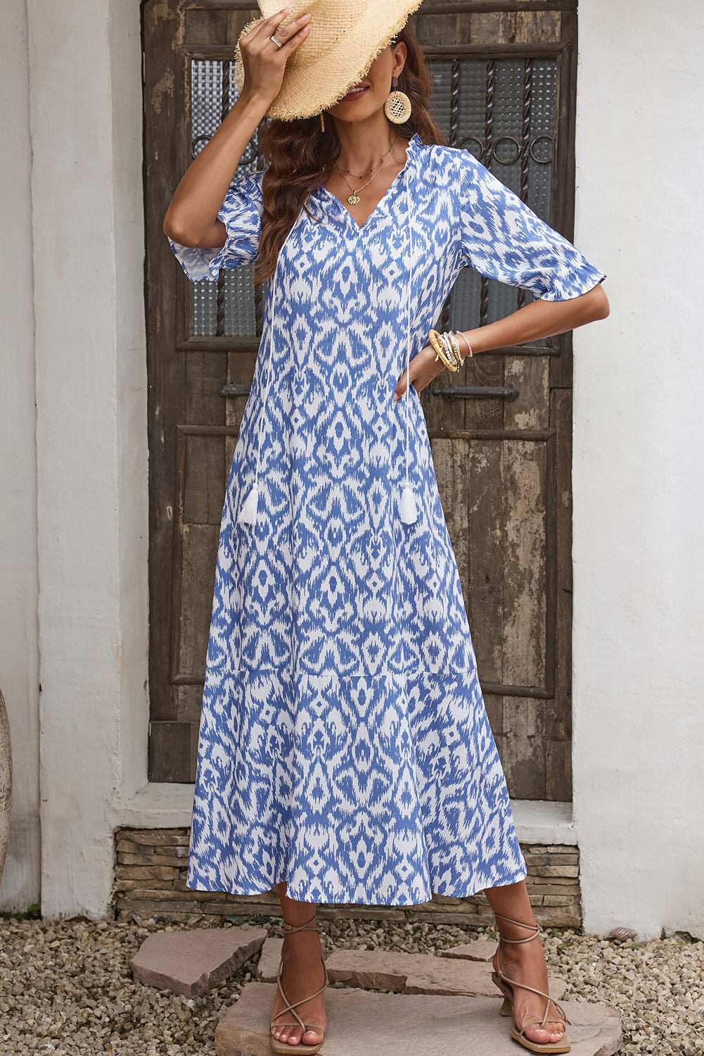 Pink V Neck Casual Geometric Print Maxi Dress